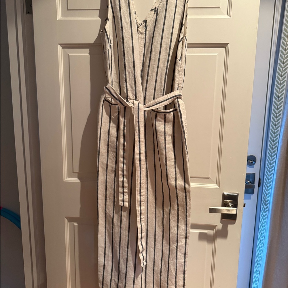Striped Sleeveless Belted Linen Jumpsuit